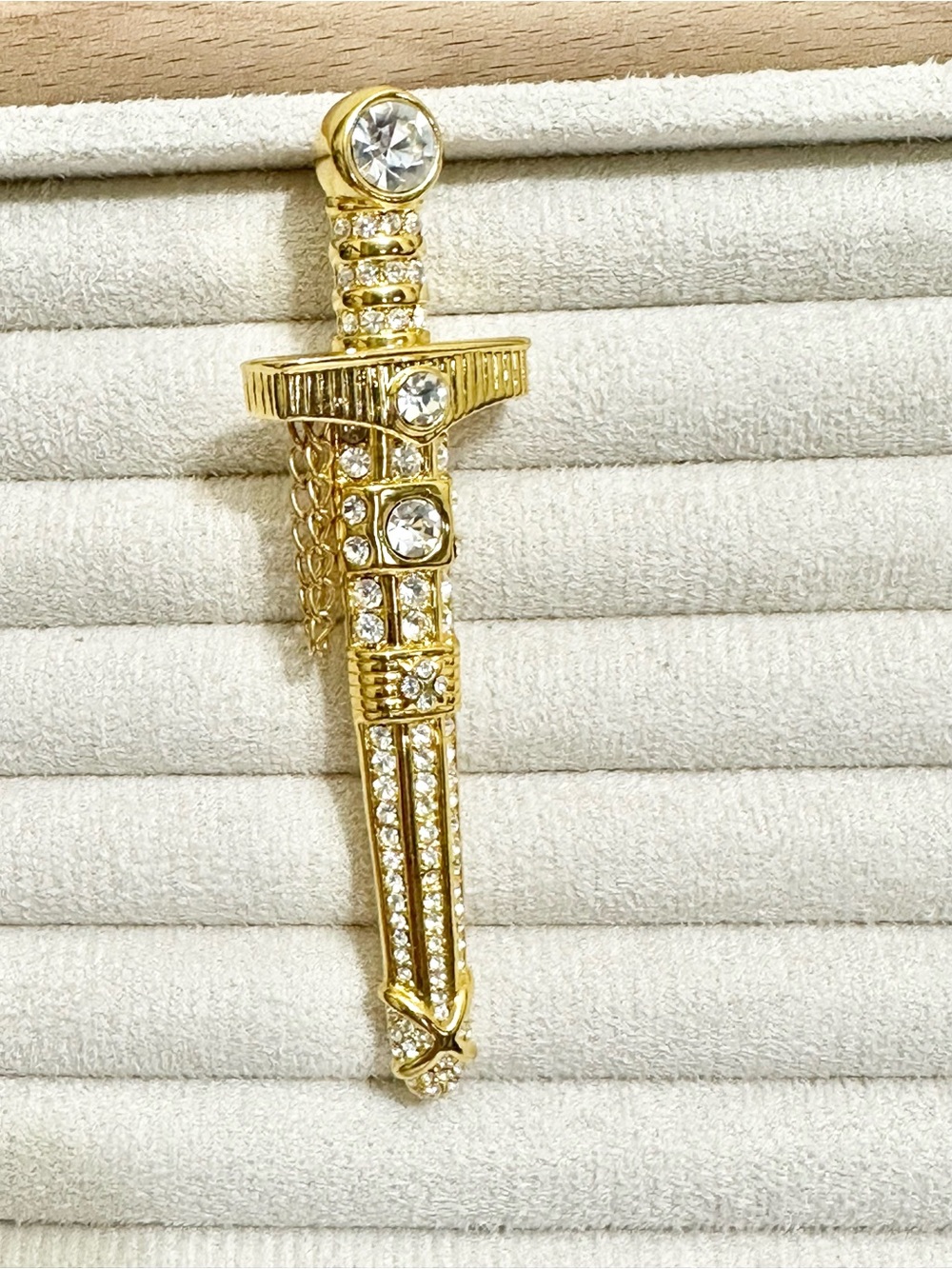 Chunky Vintage Gold-Plated Crystal Dagger Brooch